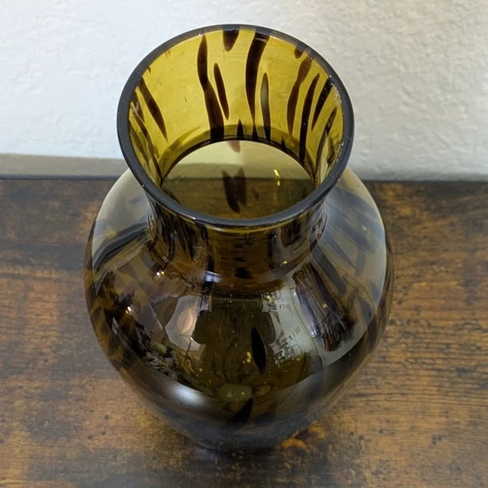 VTG‎ Amber Glass Vase Tortoiseshell Swirl Pattern Art Glass Decor Handmade